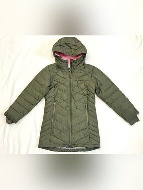 Columbia Girls Heavenly Long Olive Green Hooded Childrens Puffer Coat Pink Hood